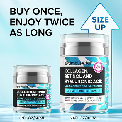 SimplyVital Collagen, Retinol & Hyaluronic Acid Cream - Anti-Aging Retinol Cream for Face, Neck & Décolleté - Made in USA - Daily Moisturizer Face Cream - 3.38 fl oz