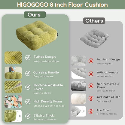 8" Washable Floor Pillow Cushion for Adults, Meditation Cushion Pillow, Large Square Floor Sitting, Removable Tufted Corduroy Cover, for Tatami Living Room or Yoga, 22x22 Inch, 2Pack, Machine Washable