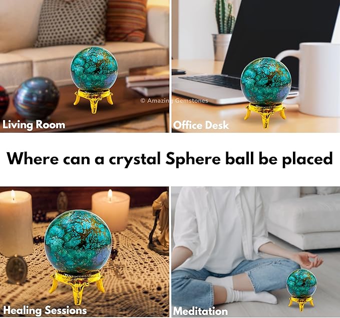 Amazing Gemstone Chrysocolla Shattuckite Crystal Ball with Stand - 2 Inches Crystal Sphere Meditation Balls for Witchcraft and Decorative Balls
