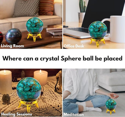 Amazing Gemstone Chrysocolla Shattuckite Crystal Ball with Stand - 2 Inches Crystal Sphere Meditation Balls for Witchcraft and Decorative Balls