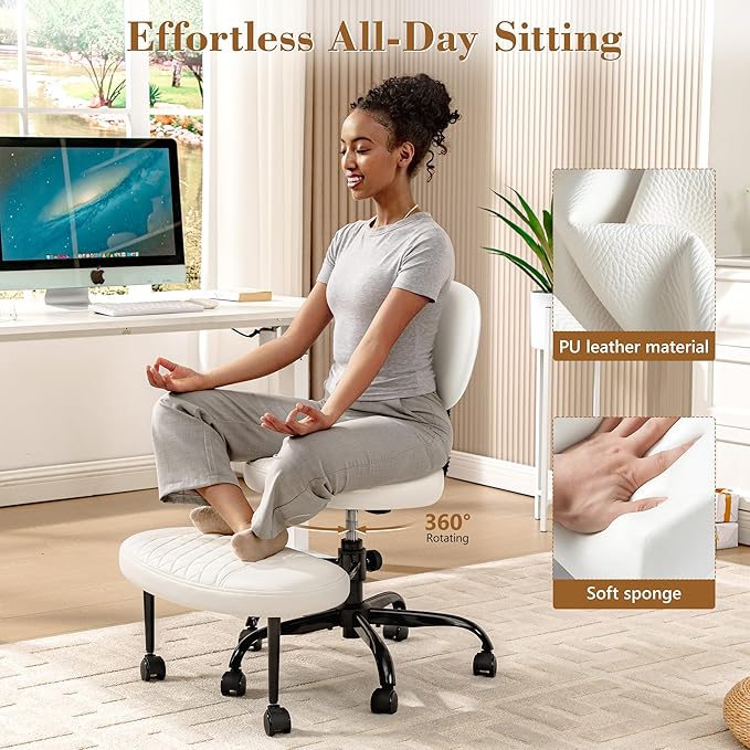 Ergonomic Cross Legged Office Chair with Wheels - Adjustable Height for Meditation, ADHD Desk & Yoga - Wide Criss Cross Design with Lumbar Support, Kneeling Chair - White