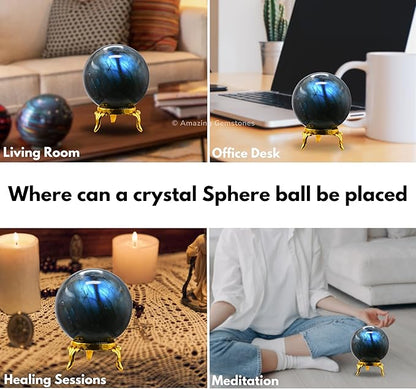 Amazing Gemstone Labradorite Crystal Ball with Stand - 2 Inches Crystal Sphere Meditation Balls for Witchcraft and Decorative Balls