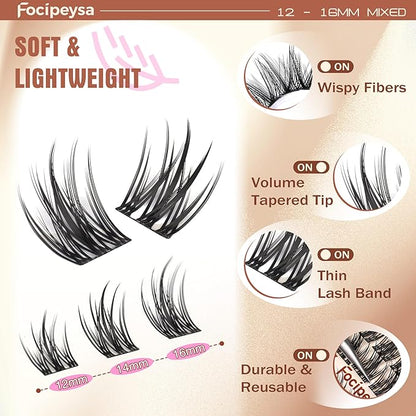 Focipeysa Manga Eyelashes Clusters Wispy Eyelashes Extensions 12-16mm Natural Manga Eyelash Clusters Salon Effect Pestañas Postizas Naturales Spiky Individual Lash Extensions at Home