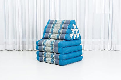 Leewadee Comfortable Japanese Floor Mattress - Thai Floor Bed with Triangle Cushion - Futon Mattress - XL Extra Long Thai Massage Mat, 89 x 20 inches, Light Blue, Kapok Filling
