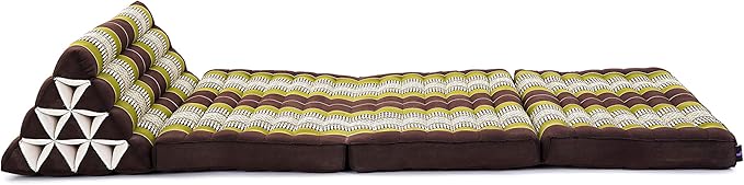 Leewadee 3-Fold Mat XXL with Triangle Cushion – Firm TV Pillow, Foldable Mattress with Cushion Made of Kapok, 67 x 31 inches, Brown Green