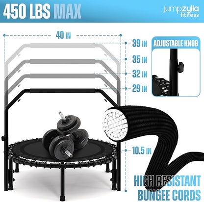 Jumpzylla Fitness Trampoline 40" or 48" | Foldable Mini Rebounder Trampoline for Adults with Bar | Durable, Quiet, Low-Impact Exercise Equipment for Indoor and Home Workouts (550 LBS Capacity)