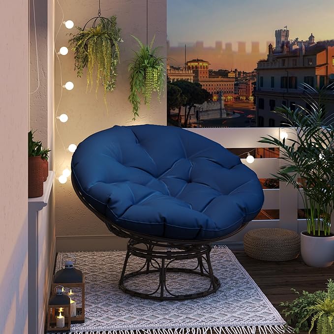 46'' Large Size Papasan Chair with Cushion and Frame, Living Room Chair for Reading, Navy Blue