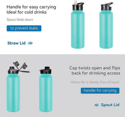 VEGOND 40 oz Insulated Water Bottle Bulk Stainless Steel Metal Water Bottles with Leak Proof Straw Lid & Spout Lid, Wide Mouth Double Walled Vacuum Travel Sports Bottle, 4 Pack