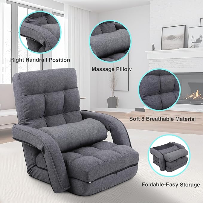Adjustable Floor Chair for Adults with Back Suppor,5-Position Folding Lazy Sofa with Pillow, Gaming & Meditation Chair with Breathable Fabric - for Living Room, Bedroom, Office,Balcony (Grey)