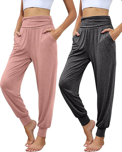 2 Pack Women's Yoga Joggers, Cozy Sweatpants with Pockets Casual Loose Comfy High Waisted Lounge Pants