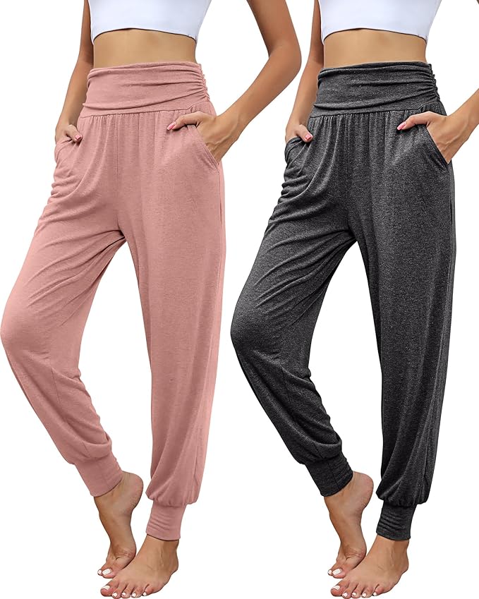 2 Pack Women's Yoga Joggers, Cozy Sweatpants with Pockets Casual Loose Comfy High Waisted Lounge Pants