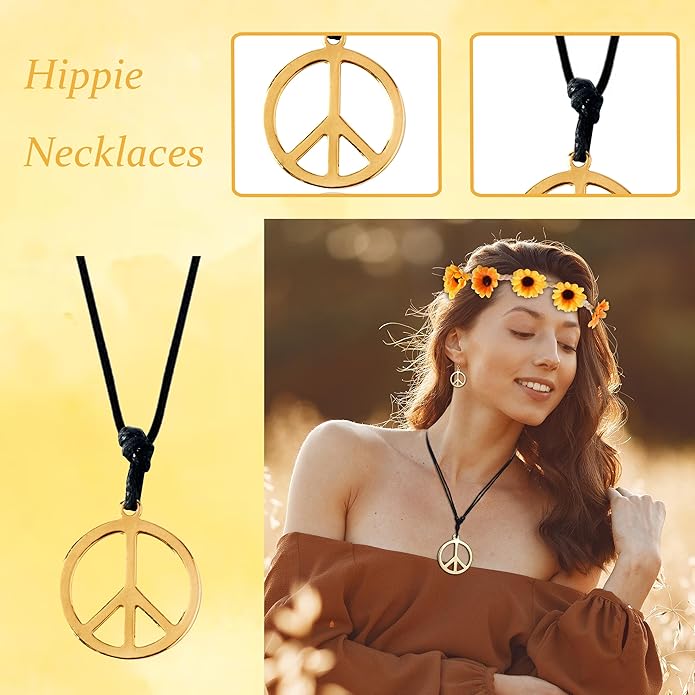 choice of all Peace Sign Necklace Earrings Sunflower Headband Set for Women 60s 70s Outfits Hip Hop Hippie Jewelry Halloween Costume Accessories