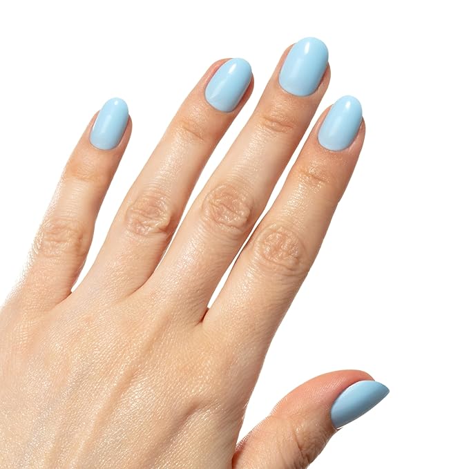 Short Baby Blue Press On Nails - Hard Candy Glue On Nails | Short Round False Nails with Real Light Blue Polish | 24 Nail Kit in 12 Sizes, Strong Glue & Reusable Travel Case Included.