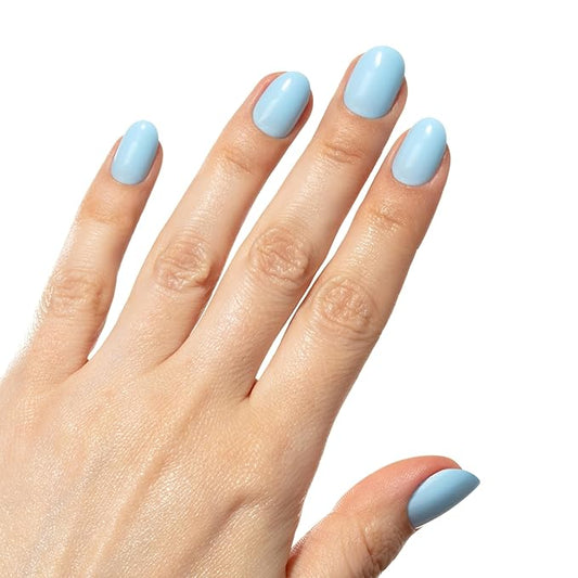 Short Baby Blue Press On Nails - Hard Candy Glue On Nails | Short Round False Nails with Real Light Blue Polish | 24 Nail Kit in 12 Sizes, Strong Glue & Reusable Travel Case Included.