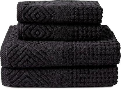 Texere 100% Organic Cotton Diamond Jacquard 700 GSM Luxury Bath Towel Sets - Ultra Soft and Absorbent Hotel and Spa Quality (Diamond, Black, 2 Bath & 2 Hand Towels)