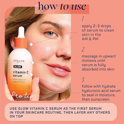 Spa Life Face Serum: GLOW Vitamin C & Radiating Daily Serum 100 ml (3.7 oz) - Targets Dark Spots, Fine Lines, Uneven Tone & Signs of Aging, Firming, Plumping & Radiance Boosting
