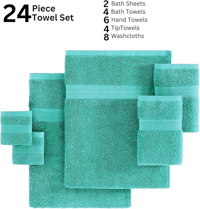 LANE LINEN 100% Luxury Cotton Towel for Bathroom - 24 Pcs - Ringspun, Quick Dry, Ultra Soft & Absorbent - 2 Bath Sheet, 4 Bath Towels, 6 Hand Towel, 8 Washcloth, 4 Fingertip - Fade Resistant - Teal