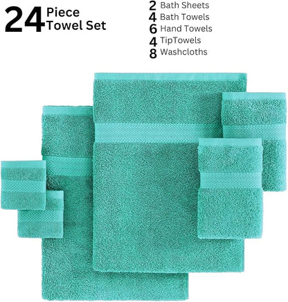 LANE LINEN 100% Luxury Cotton Towel for Bathroom - 24 Pcs - Ringspun, Quick Dry, Ultra Soft & Absorbent - 2 Bath Sheet, 4 Bath Towels, 6 Hand Towel, 8 Washcloth, 4 Fingertip - Fade Resistant - Teal
