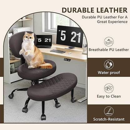 Ergonomic Cross Legged Office Chair with Wheels - Adjustable Height for Meditation, ADHD Desk & Yoga - Wide Criss Cross Design with Lumbar Support, Kneeling Chair - Dark Brown