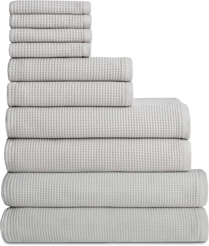 Cozy Earth Complete Waffle Bath Bundle - 60% Cotton 40% Viscose from Bamboo - Quick Dry & Ultra-Soft Waffle Weave Bath Towels - 4 Washcloths, 2 Hand Towels, 2 Bath Towels, 2 Bath Sheets, Light Grey