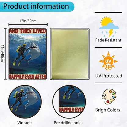 Diver And Shark Metal Tin Sign 12x16 Inch And They Lived Happily Ever After Poster Diver And Shark Tin Sign Home Kitchen Garden Bar Restaurant Cafe Office Shop Cave Man Are Wall Decor