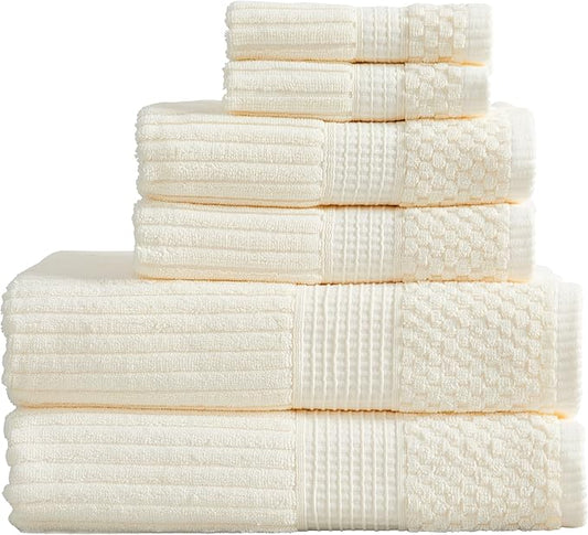 Springtree Home 100% Cotton Bath Towel Set | 6 Piece Set | Absorbent & Quick-Dry Bath Towels | Textured and Durable Cotton | Krista Collection - Cream