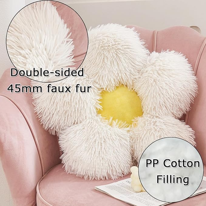 MorroMorn Flower Pillow Shaped Throw Pillows, 20" Floor Pillow Butt Cushion - Fluffy Shaggy Daisy Floral Decorative Pillows for Bed Couch Sofa Chair Cute Plush Faux Fur Room Decor (White)