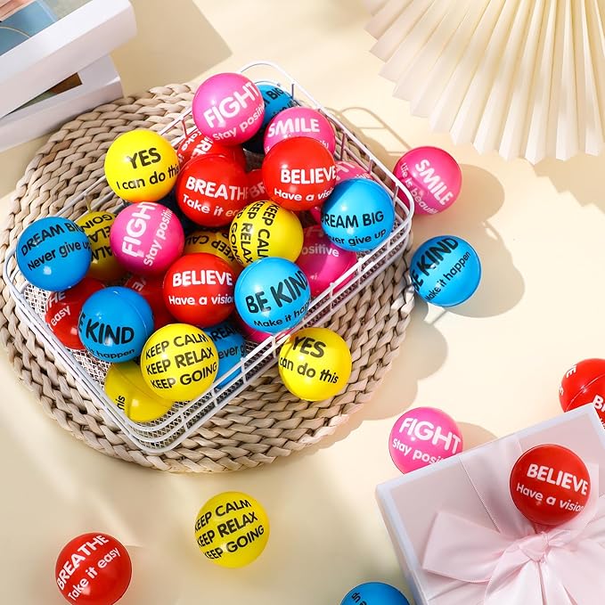 Liliful 48 Pieces Motivational Stress Balls Bulk for Adults Fidget Toys End of The Year Gifts Inspirational Squeeze Balls Employee Appreciation Gift Adult Goodie Bag 2. 2 Inch(Bright Colors)