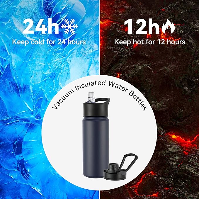 16 oz Insulated Water Bottle with Straw Lids, Stainless Steel Kids Water Bottles for School, Double Wall Vacuum Metal Water Bottle with Straw & Wide Mouth Lid, Navy 4 Pack