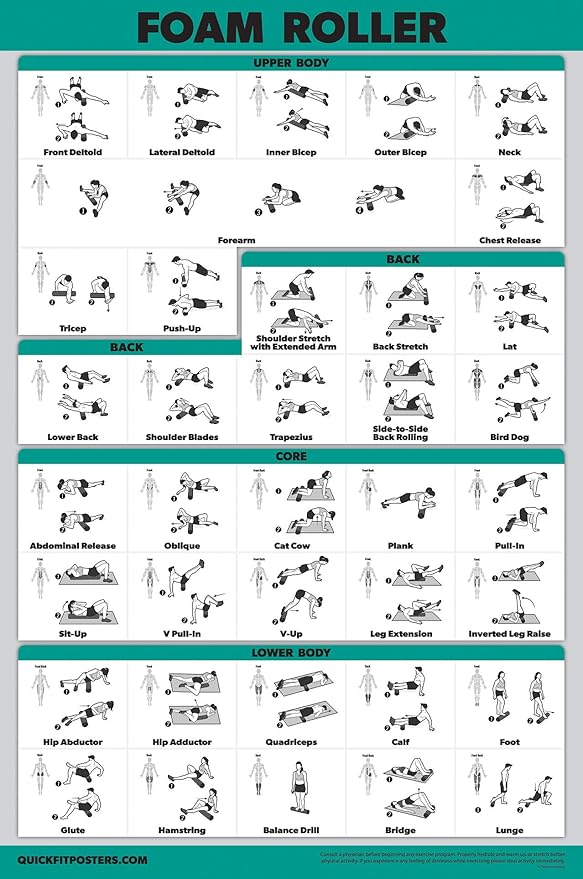QuickFit 10 Pack - Exercise Workout Poster Set - Foam Roller, Dumbbell, Suspension, Kettlebell, Resistance Bands, Stretching, Bodyweight, Barbell, Yoga Poses, Exercise Ball (LAMINATED, 18" x 24")