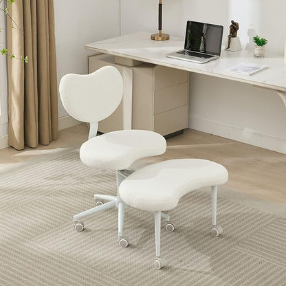 Cross-Legged Meditation Chair with Wheels, Adjustable Desk Chair for Home Office, Ergonomic Floor Seat for ADHD & Yoga, Criss Cross Chair with Lumbar Support, Memory Foam Cushion (Ivory-Teddy Fabric)
