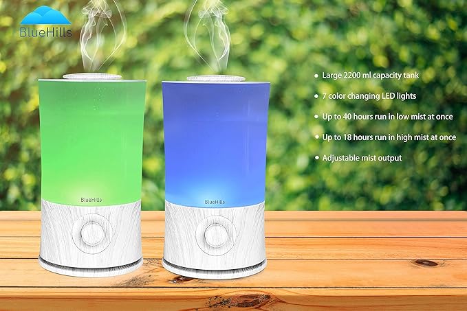 BlueHills Premium 2000 ML XL Large Essential Oil Diffuser Aromatherapy Humidifier for Large Room Home 40 Hour Run Huge Coverage Area Lights 2 Liter Extra Large Capacity Diffuser White Wood Grain E004