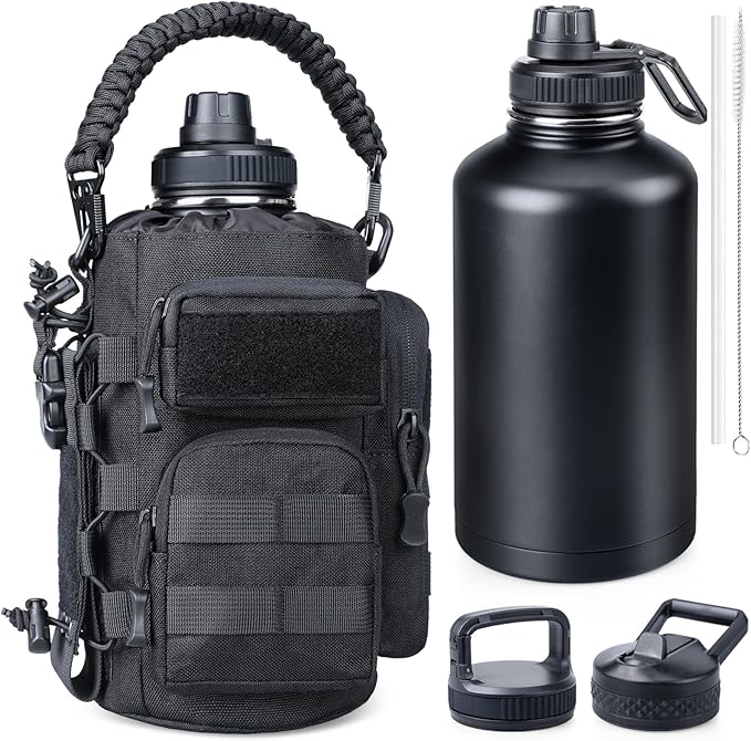 64 oz Insulated Water Bottle with Sleeve, Half Gallon Stainless Steel Tactical Water Jug Large Military Water Bottle with 3-IN-1 Pouch/3 Lids/Straw/Paracord Handle for Gym, Camping, Workout