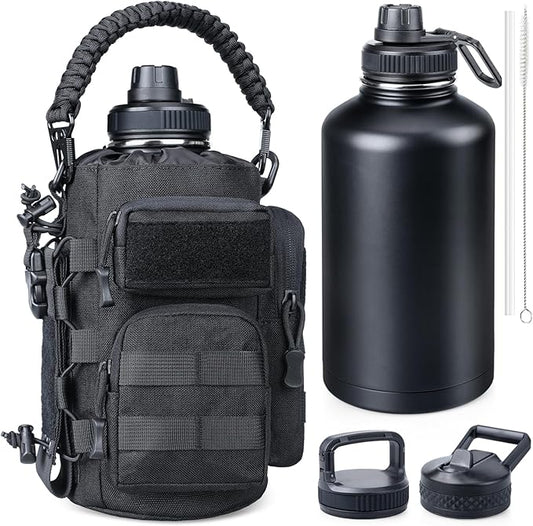 64 oz Insulated Water Bottle with Sleeve, Half Gallon Stainless Steel Tactical Water Jug Large Military Water Bottle with 3-IN-1 Pouch/3 Lids/Straw/Paracord Handle for Gym, Camping, Workout