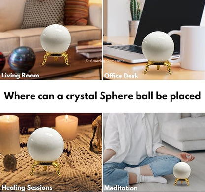 Amazing Gemstone Snow Quartz Crystal Ball with Stand - 2 Inches Crystal Sphere Meditation Balls for Witchcraft and Decorative Balls