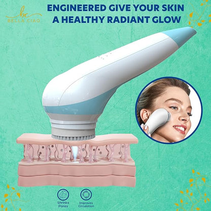 Bella Ciao 5-Piece Sonic Facial Cleansing Brush Set, Blue | Battery Operated Face Scrubber Exfoliator, Makeup Remover Skin Care Tools w/ 4 Attachments| Face Cleansing Brush, Skin Exfoliator for Body