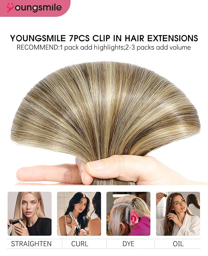 Youngsmile Real Human Hair Clip in Extensions, Clip in Extensions Human Hair 20 Inch Balayage Chocolate Brown with Caramel Brown 7 Pcs 160 Gram, Easy to Install Natural Human Hair (7C#4/27/4-20Inch)