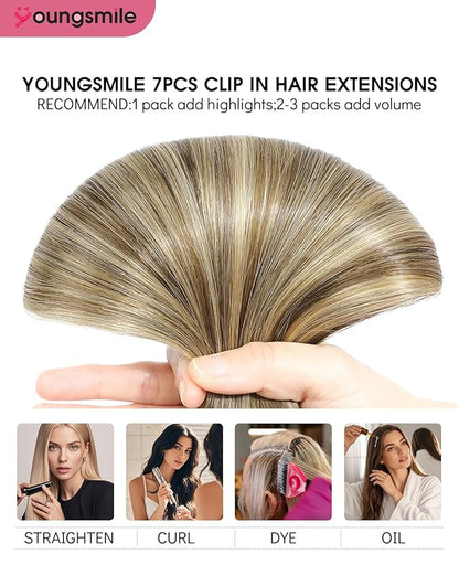 Youngsmile Real Human Hair Clip in Extensions, Clip in Extensions Human Hair 20 Inch Balayage Chocolate Brown with Caramel Brown 7 Pcs 160 Gram, Easy to Install Natural Human Hair (7C#4/27/4-20Inch)