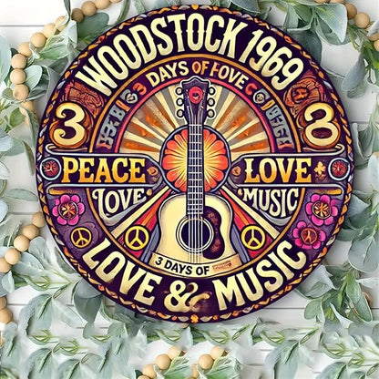 1pc Retro style flat aluminum circular decorative plaques, Woodstock, rustic multi-purpose home decoration signs, wall and window hanging, restaurants, garden decorations, wall hanging