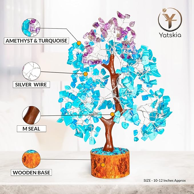 YATSKIA Turquoise and Amethyst Crystal Tree of Life - Gemstones and Crystals - Crystal Decor - Good Luck Gifts