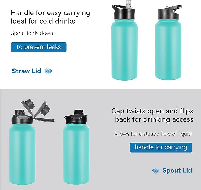 VEGOND 32 oz Insulated Water Bottle Bulk Stainless Steel Metal Water Bottles with Leak Proof Straw Lid & Spout Lid, Wide Mouth Double Walled Vacuum Travel Sports Bottle, 8 Pack