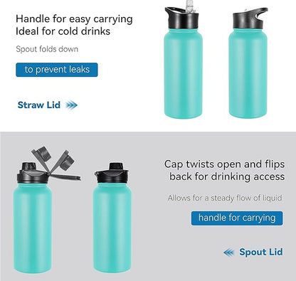 VEGOND 32 oz Insulated Water Bottle Bulk Stainless Steel Metal Water Bottles with Leak Proof Straw Lid & Spout Lid, Wide Mouth Double Walled Vacuum Travel Sports Bottle, 8 Pack