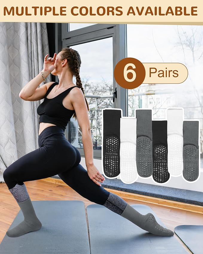 Justay 6 Pairs Pilates Socks with Grips for Women Soft Non Slip Crew Cotton Athletic Workout Barre Hospital Yoga Socks