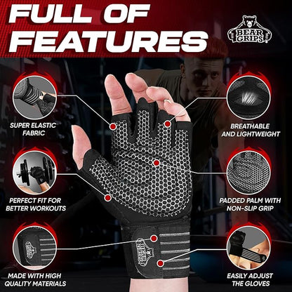 Bear Grips Weight Lifting Gloves for Men & Women | Half Finger Lifting Gloves | Full Finger Workout Gloves for Men | No Finger Exercise Gloves l Compression Weightlifting Gloves | Gym Gloves for Men