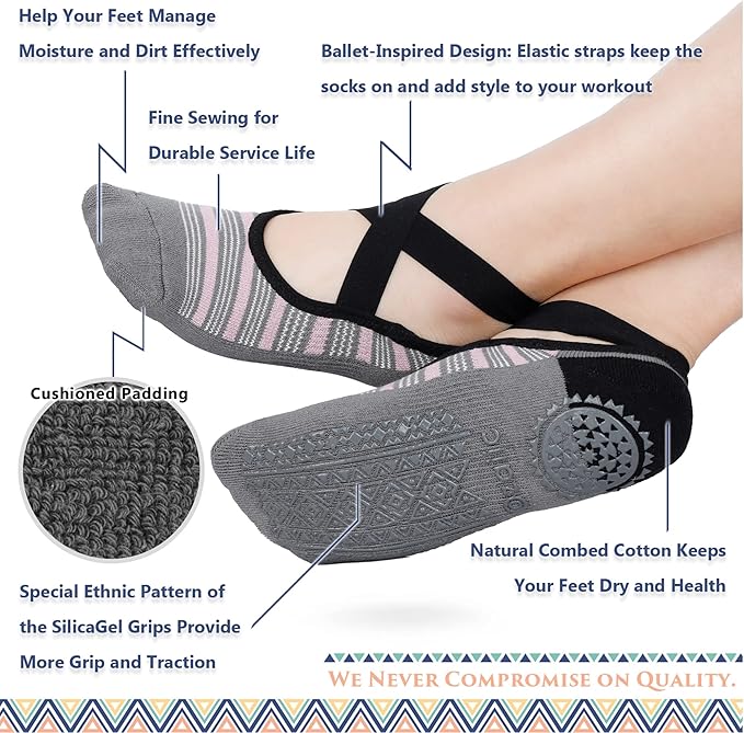 Ozaiic Yoga Socks for Women Non-Slip Grips & Straps, Ideal for Pilates, Pure Barre, Ballet, Dance, Barefoot Workout