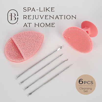 Bella Ciao 6-in-1 Facial Skin Care Products, Makeup Remover, Exfoliating Brush, 4-Piece Blackhead Removal Kit, Complete Skincare Set, Deep Facial Cleansing Brush (Pink)
