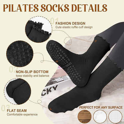 4 Pairs Pilates Socks with Grips for Women Yoga Ruffle Cute Grip Socks Pilates Non Slip Crew Ballet Hospital Workout