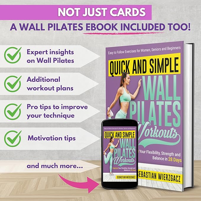 Wall Pilates Workouts for Women – 66 Exercise Cards with Videos & Workout Plan – Includes 5-Week Challenge, E-book, Chart & 2 Rings for Easy Organization – Home Pilates Workout Guide