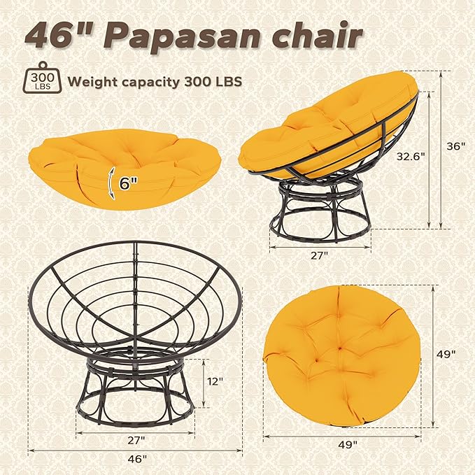 46'' Large Size Papasan Chair with Cushion and Frame, Overstuffed Thickened Lazy Chair, Mustard Yellow