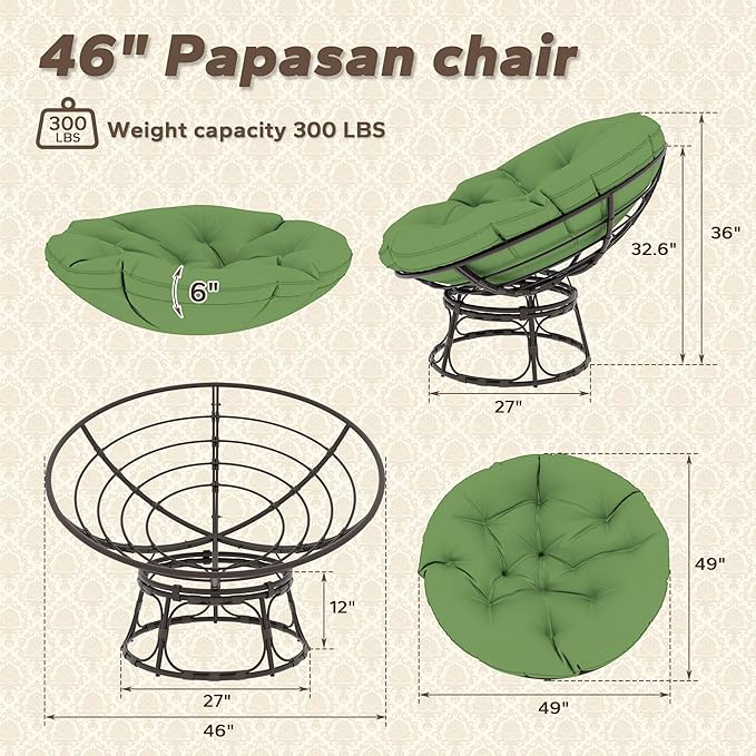 46'' Large Size Papasan Chair with Cushion and Frame, Lazy Chair for Living Room and Bedroom, Green